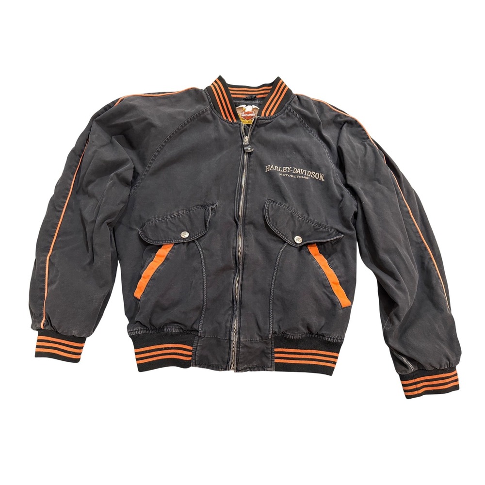 Harley Davidson Bomber Jacket Mens S Black Orange Good Cotton Canvas Embroidered